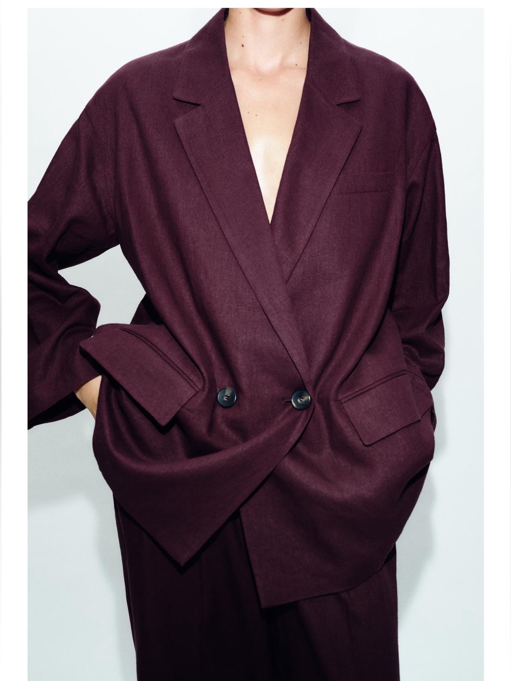 Womens Linen Blend Oversized Double-Breasted Blazer Jacket in Deep Plum